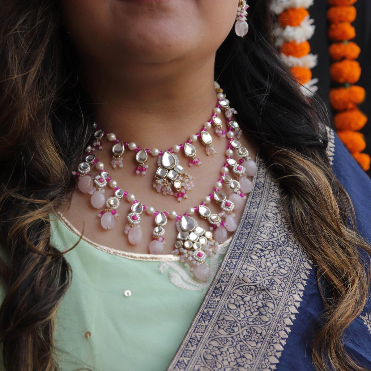 Kundan choker set in gold-tone with matching earrings and long bridal necklace, perfect for wedding functions , festive and bridal wear