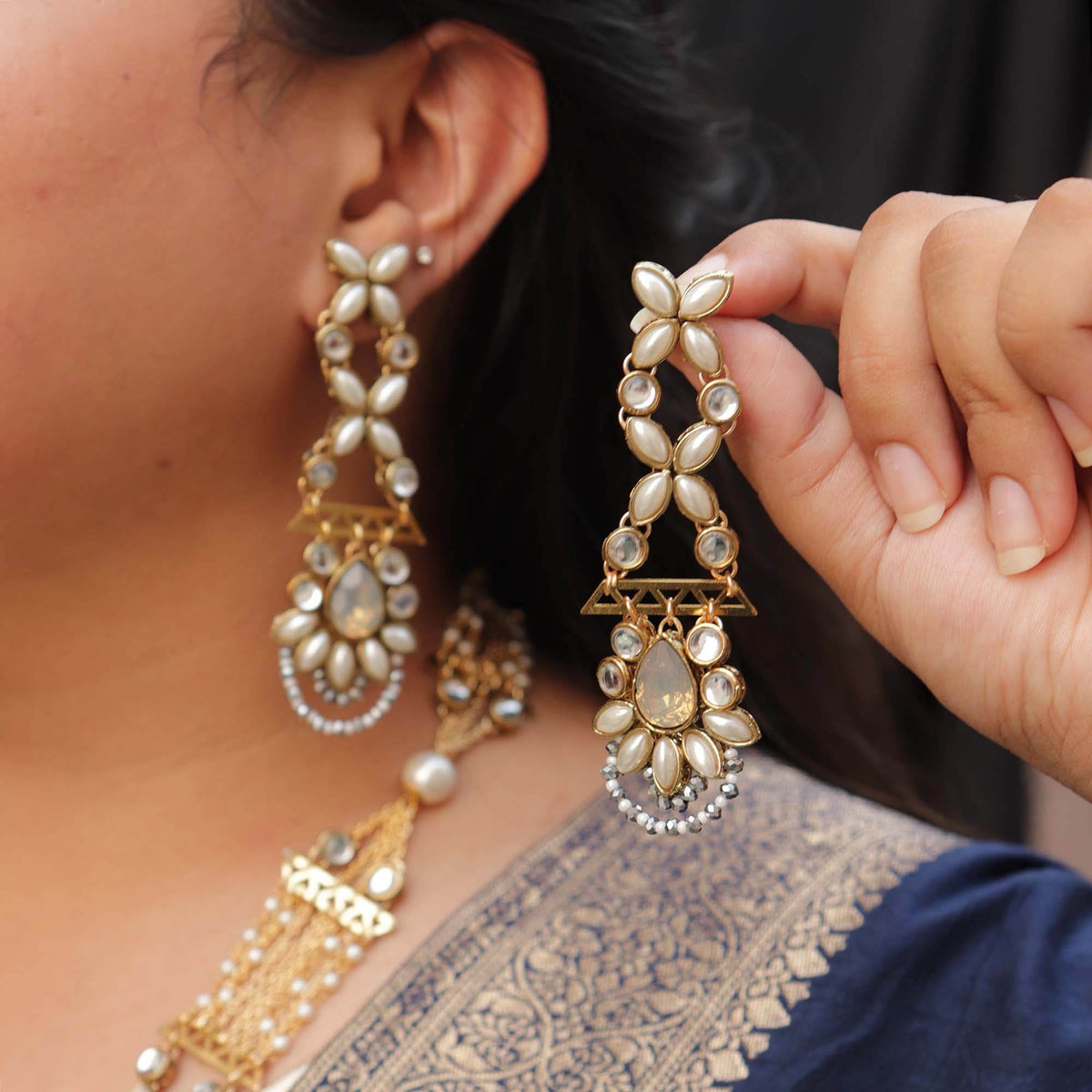 Kundan choker set in gold-tone with matching earrings and long bridal necklace, perfect for wedding functions , festive and bridal wear