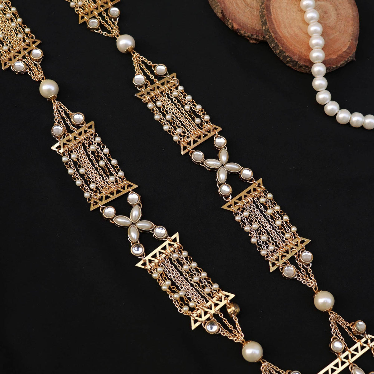 Kundan choker set in gold-tone with matching earrings and long bridal necklace, perfect for wedding functions , festive and bridal wear