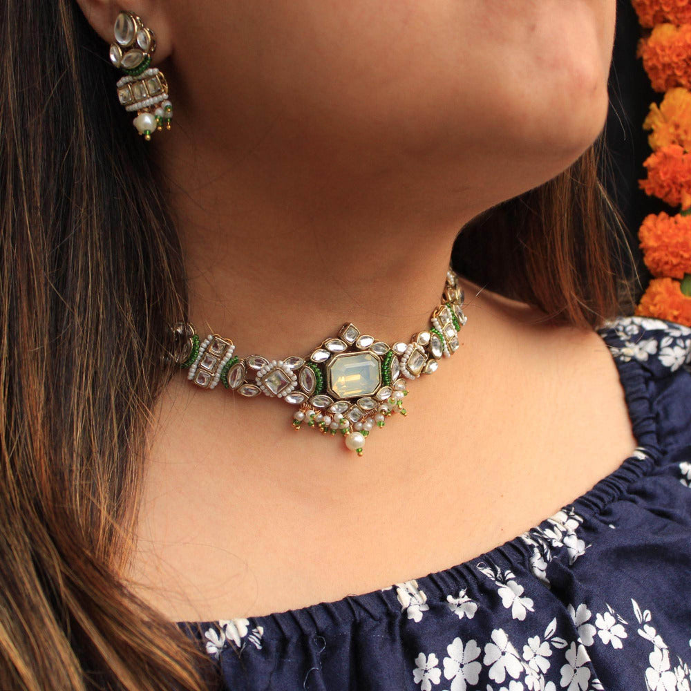 Beabhika Handmade Kundan Necklace With Matching Earrings Rings Maang Tikka Combo Set Green Artificial Jewelry Kundan Earrings Golden Earrings With Matching Ring Pearls Kundan Wedding Jewelry Trendy Earrings Daily Wear Party Wear Traditional Ethnic Dress Jewelry Earrings Bridal Jewelry Set Online Cash On Delivery Value Saver Combo Jewelry Set Cheap Price