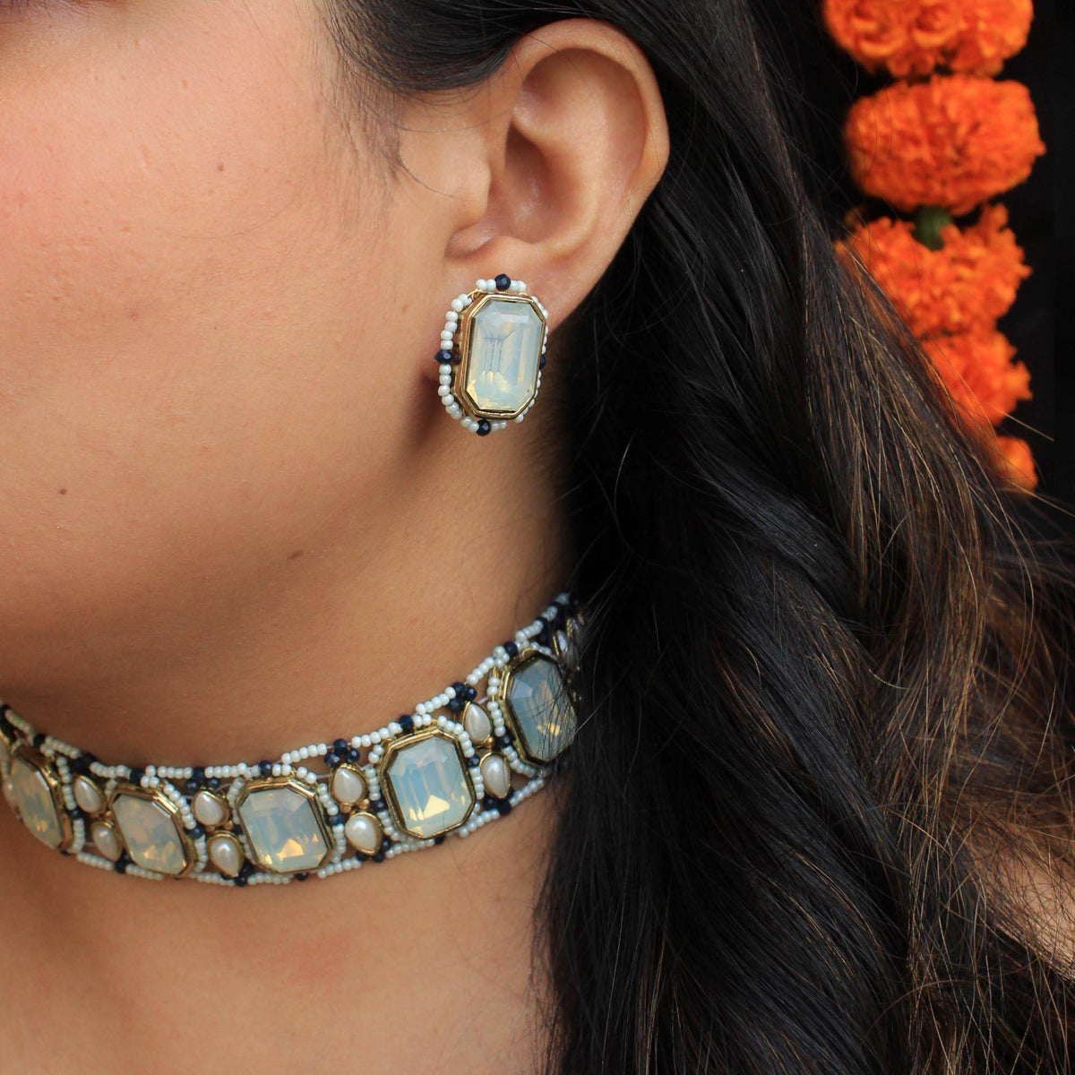 Kundan choker set in gold-tone with matching earrings and long bridal necklace, perfect for wedding functions , festive and bridal wear