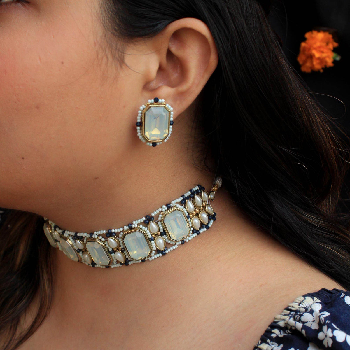 Kundan choker set in gold-tone with matching earrings and long bridal necklace, perfect for wedding functions , festive and bridal wear