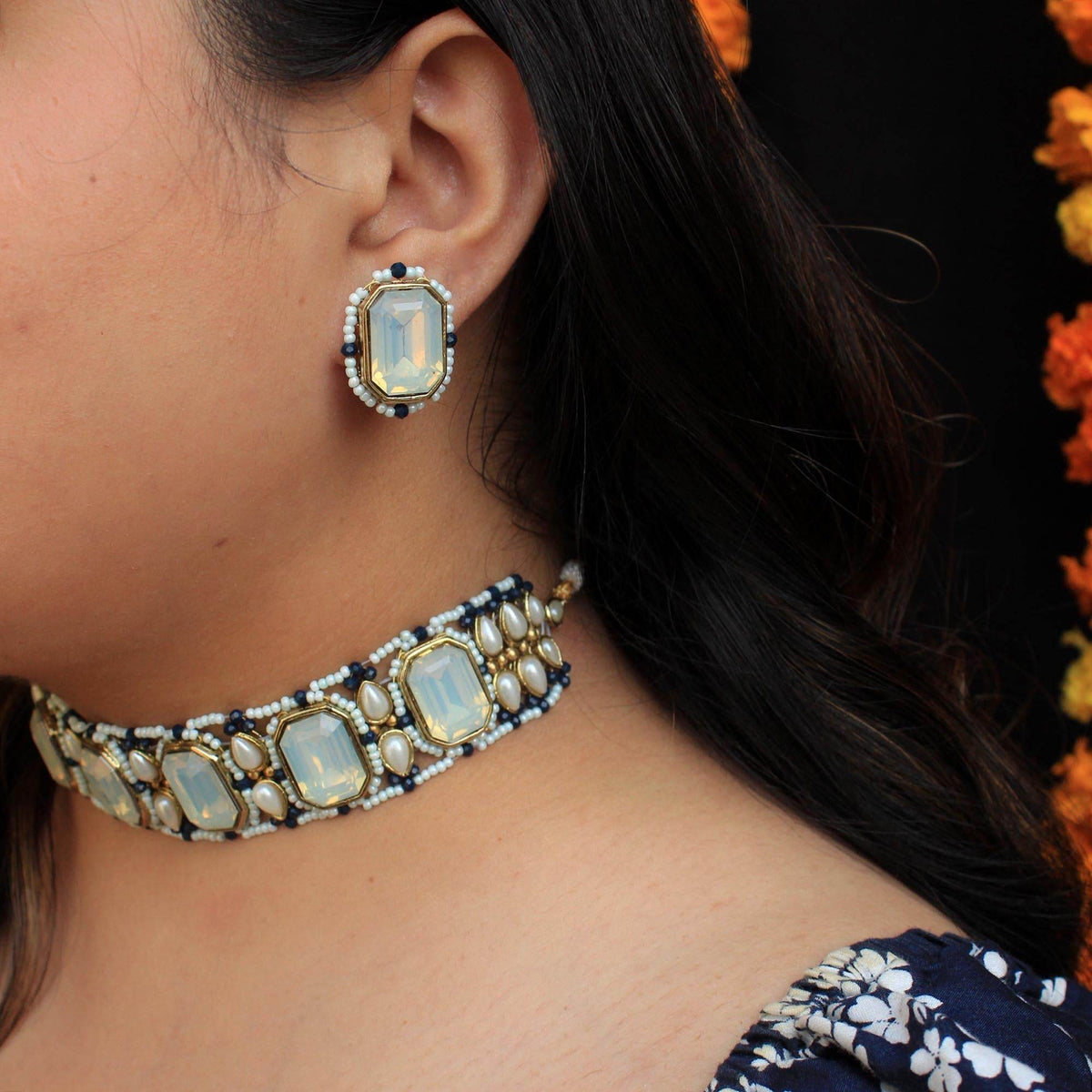 Kundan choker set in gold-tone with matching earrings and long bridal necklace, perfect for wedding functions , festive and bridal wear