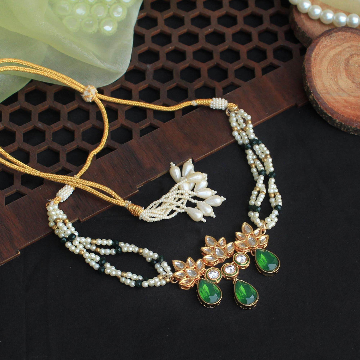 Kundan choker set in gold-tone with matching earrings and long bridal necklace, perfect for wedding functions , festive and bridal wear