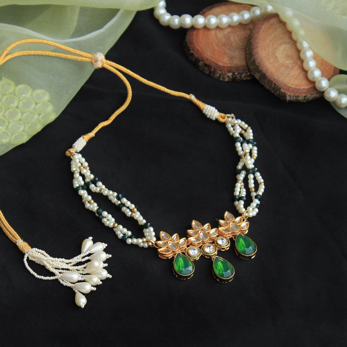 Kundan choker set in gold-tone with matching earrings and long bridal necklace, perfect for wedding functions , festive and bridal wear