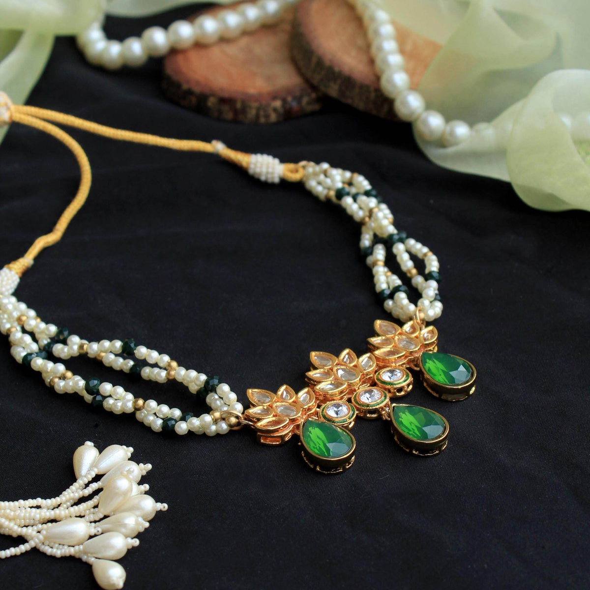 Kundan choker set in gold-tone with matching earrings and long bridal necklace, perfect for wedding functions , festive and bridal wear