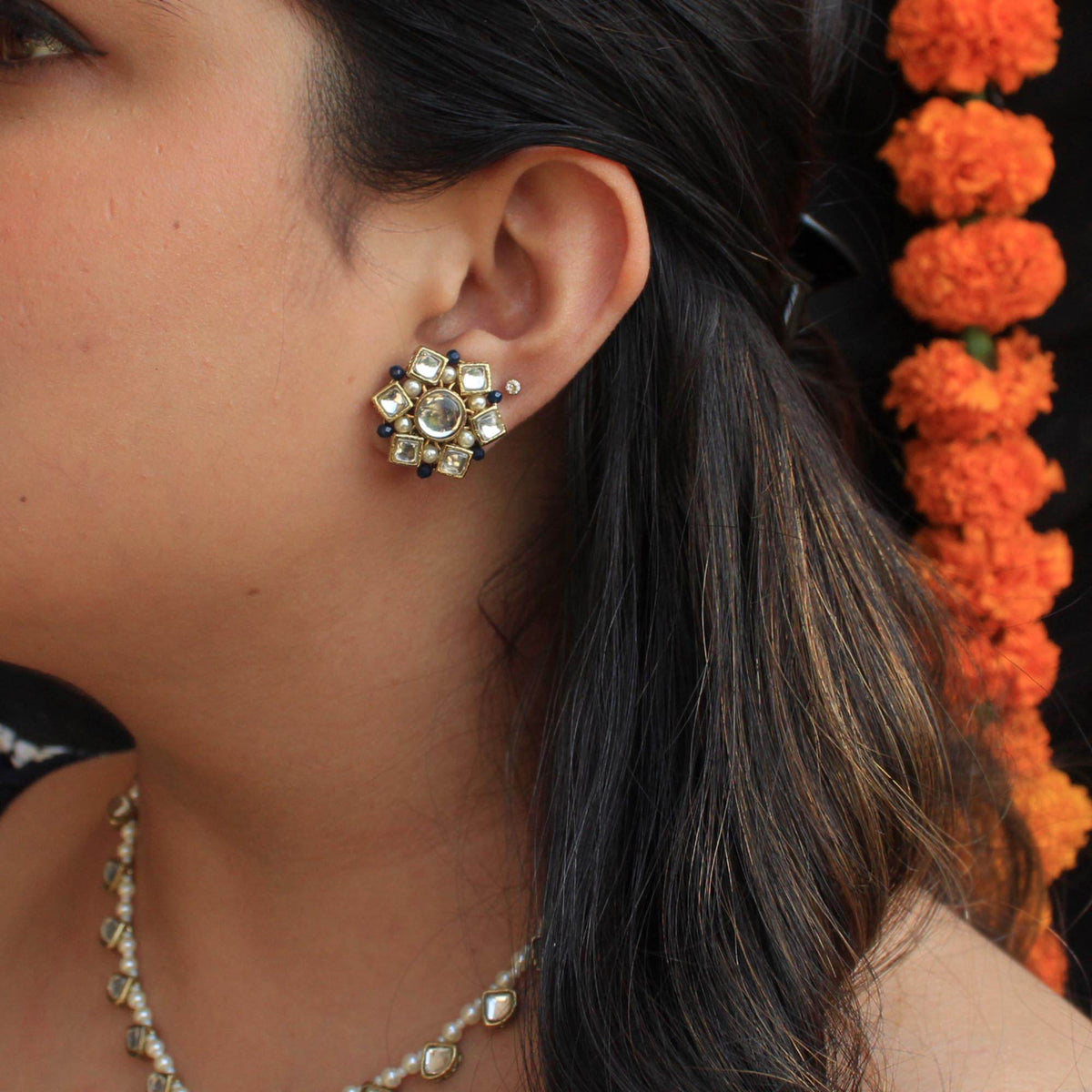 Kundan choker set in gold-tone with matching earrings and long bridal necklace, perfect for wedding functions , festive and bridal wear