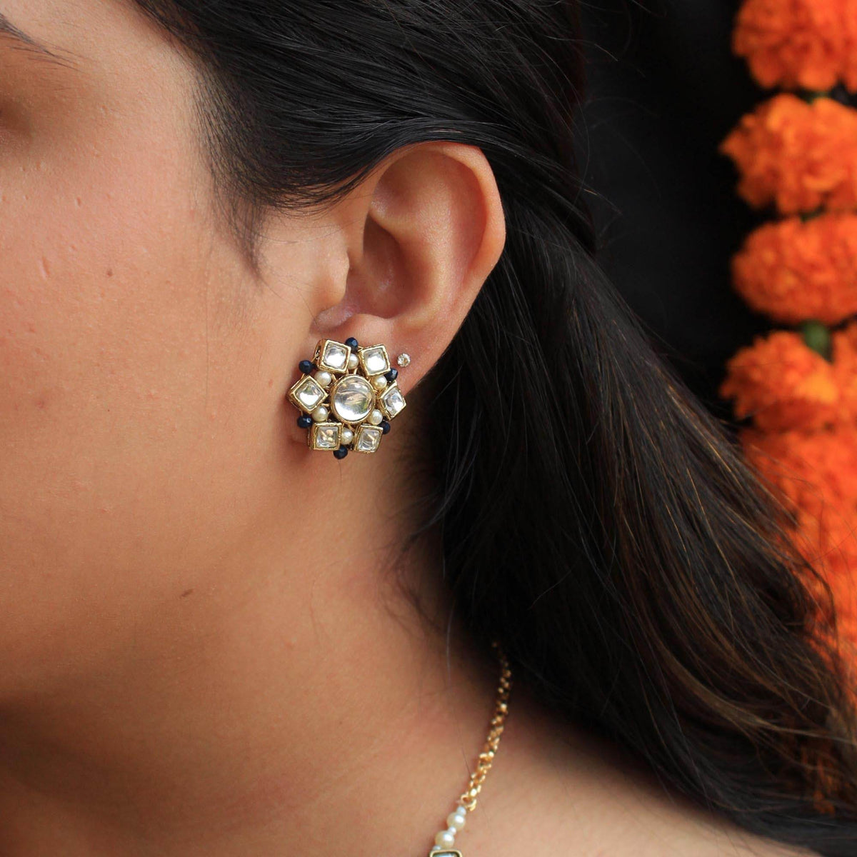 Kundan choker set in gold-tone with matching earrings and long bridal necklace, perfect for wedding functions , festive and bridal wear