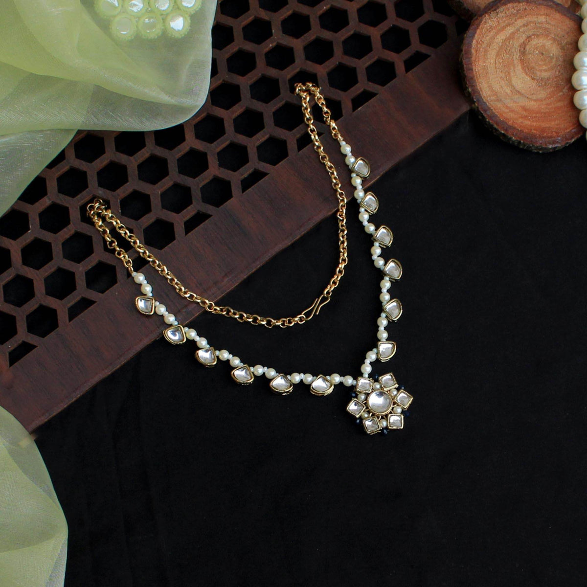 Kundan choker set in gold-tone with matching earrings and long bridal necklace, perfect for wedding functions , festive and bridal wear