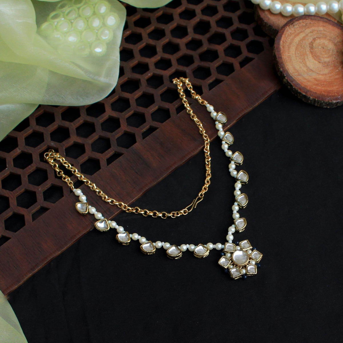 Kundan choker set in gold-tone with matching earrings and long bridal necklace, perfect for wedding functions , festive and bridal wear