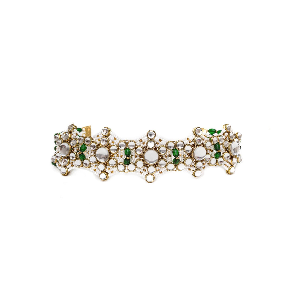 Kundan choker set in gold-tone with matching earrings and long bridal necklace, perfect for wedding functions , festive and bridal wear