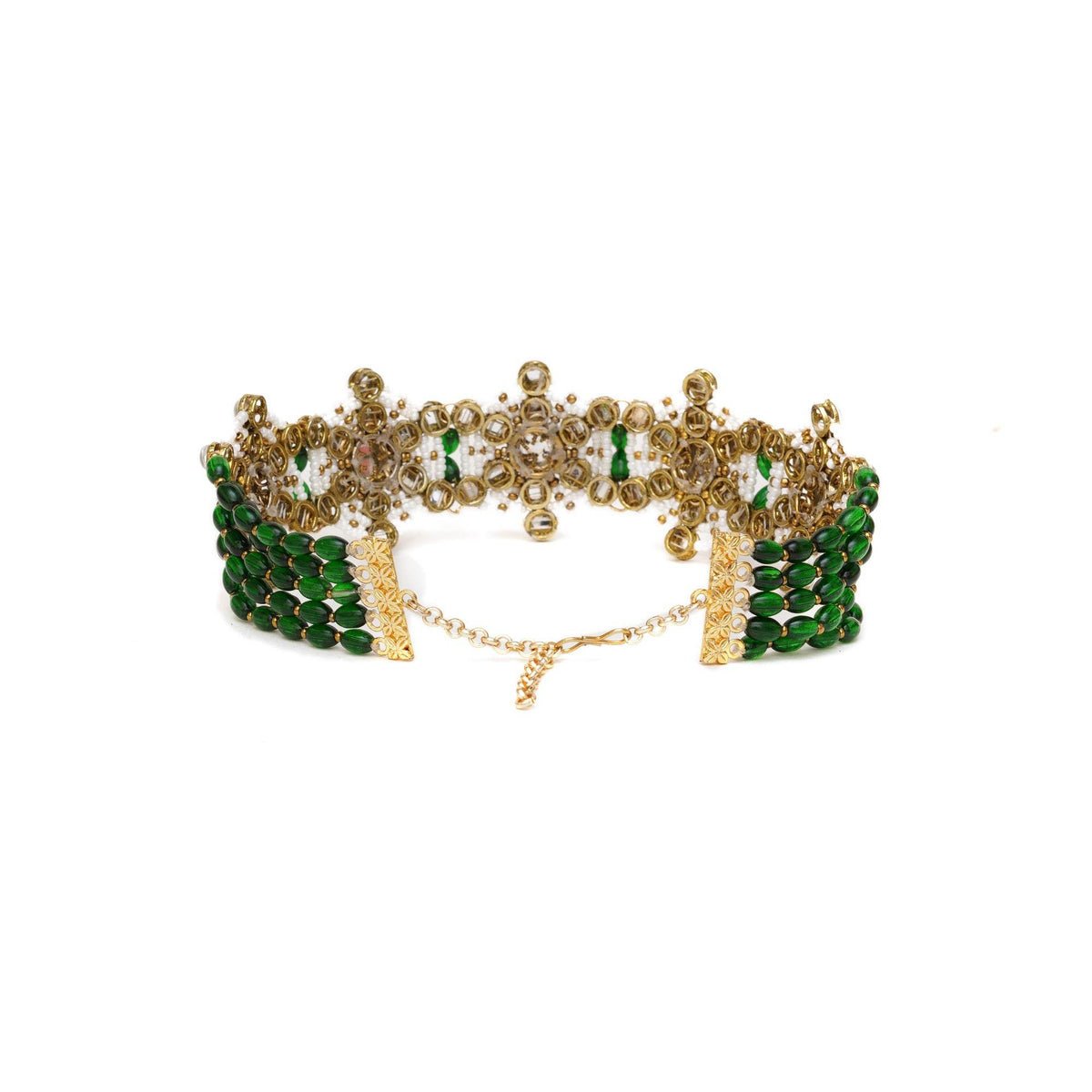 Kundan choker set in gold-tone with matching earrings and long bridal necklace, perfect for wedding functions , festive and bridal wear