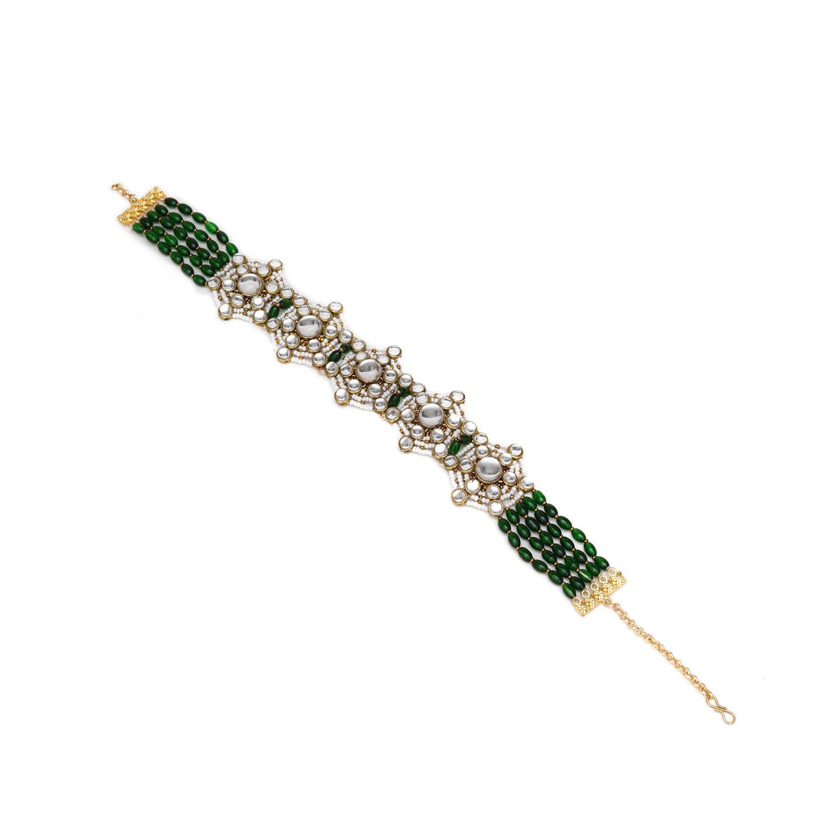Kundan choker set in gold-tone with matching earrings and long bridal necklace, perfect for wedding functions , festive and bridal wear