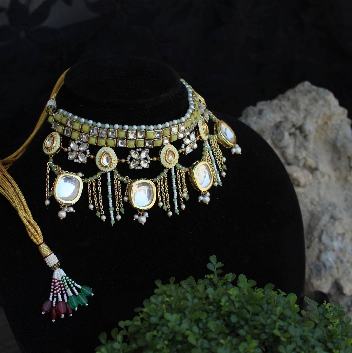 Kundan choker set in gold-tone with matching earrings and long bridal necklace, perfect for wedding functions , festive and bridal wear