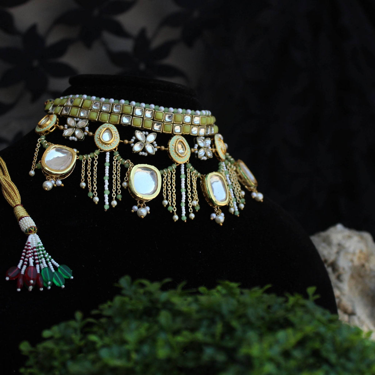 Kundan choker set in gold-tone with matching earrings and long bridal necklace, perfect for wedding functions , festive and bridal wear