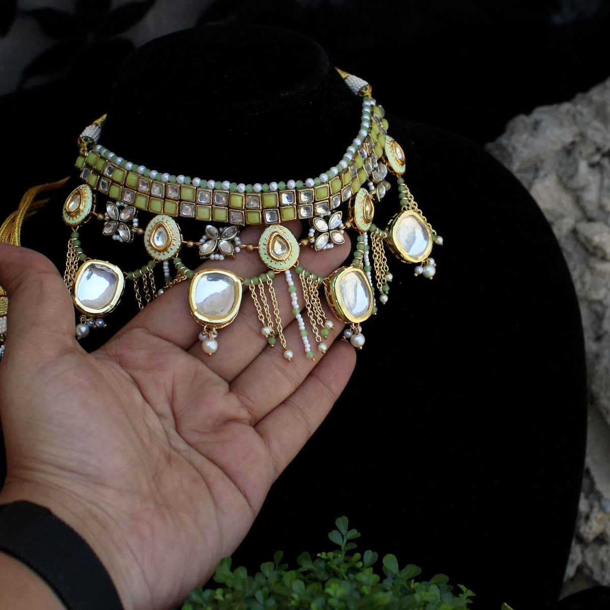 Kundan choker set in gold-tone with matching earrings and long bridal necklace, perfect for wedding functions , festive and bridal wear