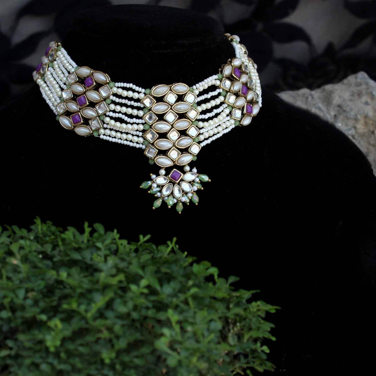 Kundan choker set in gold-tone with matching earrings and long bridal necklace, perfect for wedding functions , festive and bridal wear