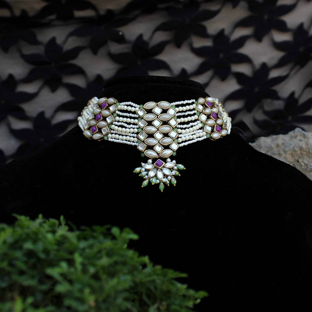 Kundan choker set in gold-tone with matching earrings and long bridal necklace, perfect for wedding functions , festive and bridal wear