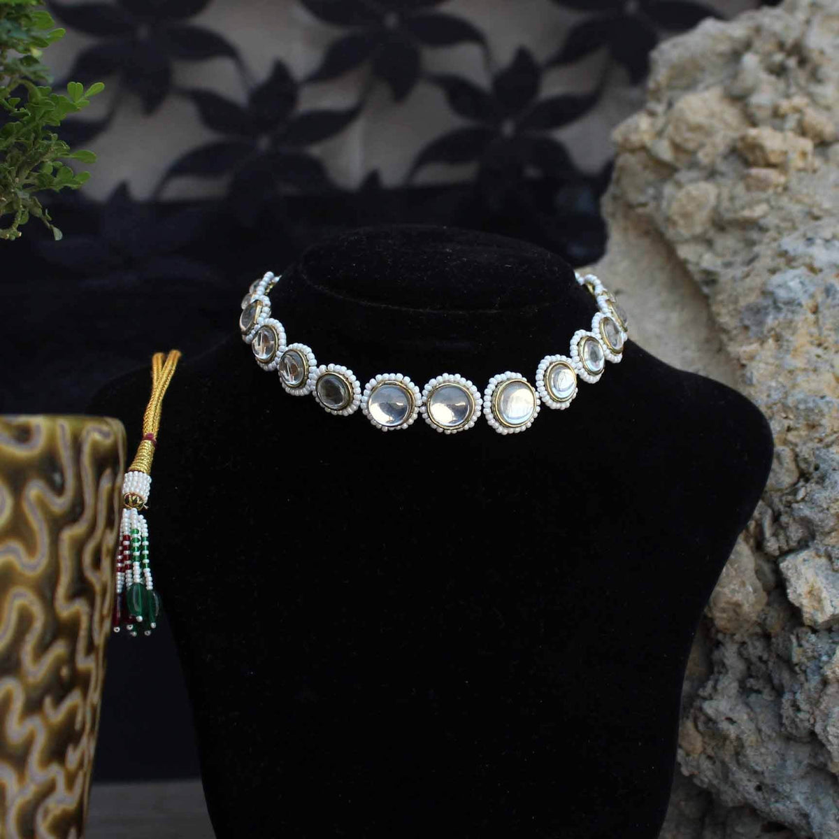 Kundan choker set in gold-tone with matching earrings and long bridal necklace, perfect for wedding functions , festive and bridal wear