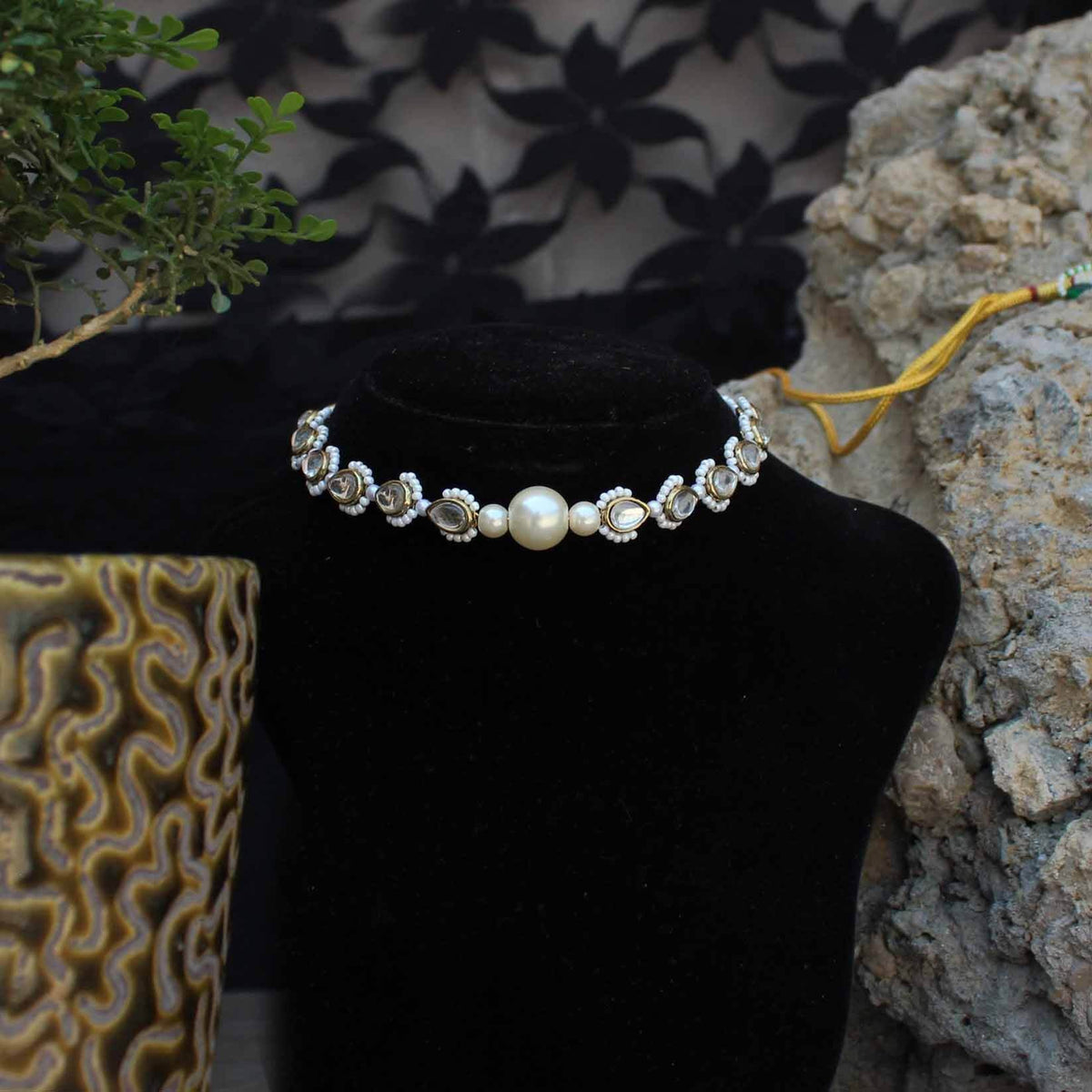 Kundan choker set in gold-tone with matching earrings and long bridal necklace, perfect for wedding functions , festive and bridal wear