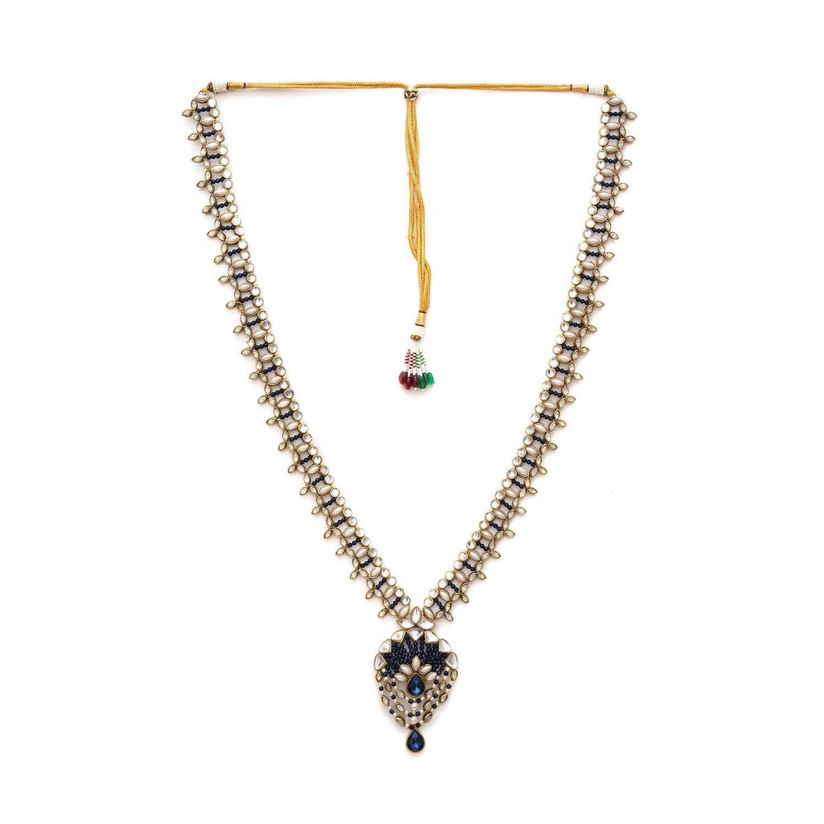 Kundan choker set in gold-tone with matching earrings and long bridal necklace, perfect for wedding functions , festive and bridal wear