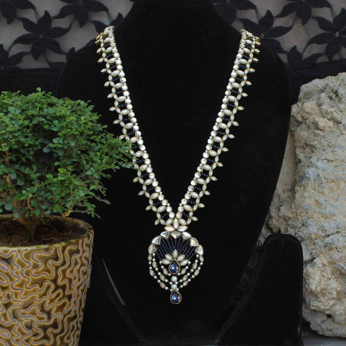 Kundan choker set in gold-tone with matching earrings and long bridal necklace, perfect for wedding functions , festive and bridal wear