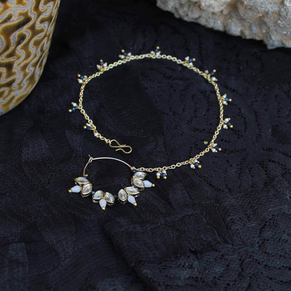 Traditional Indian bridal nath with kundan stones, green beads, and pearl hair chain Indian Nathiya Nathani Nose Ring