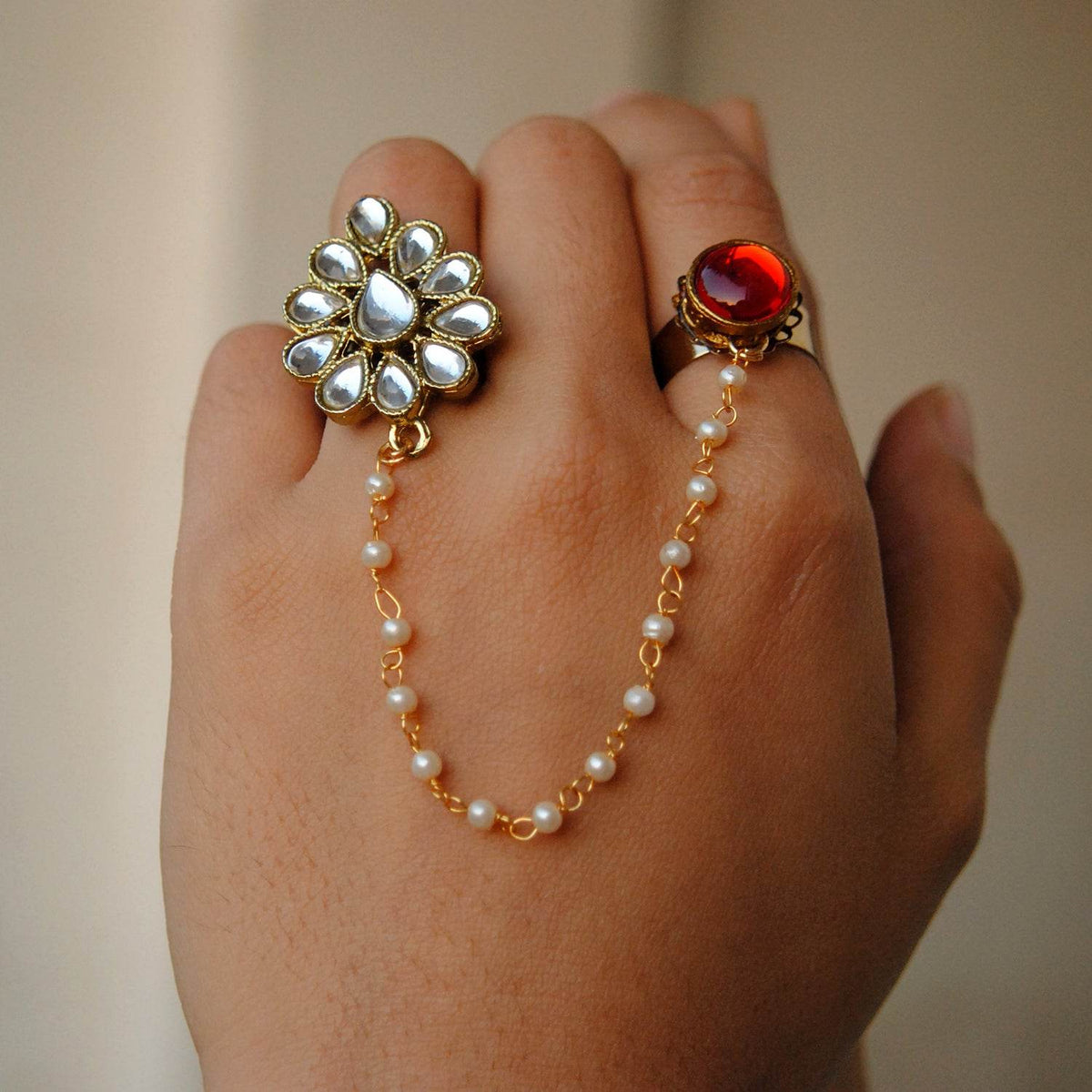 Beabhika Handmade Artificial Jewelry Adjustable Kundan Ring Gold Tone Two Finger Ring Adjustable Kundan Statement Rings Cocktail Easy To Wear Green Color Rings White Pearl Chain Ring Gold Tone Rings Available On COD In India Delhi Traditional Heeramandi Style Jewelry