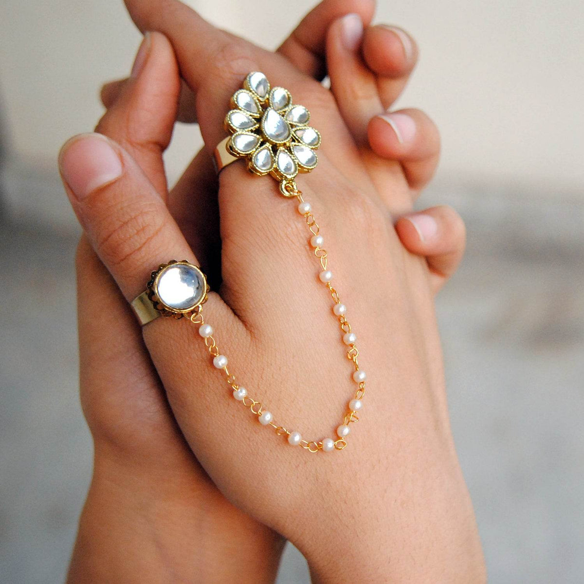 Beabhika Handmade Artificial Jewelry Adjustable Kundan Ring Gold Tone Two Finger Ring Adjustable Kundan Statement Rings Cocktail Easy To Wear Green Color Rings White Pearl Chain Ring Gold Tone Rings Available On COD In India Delhi Traditional Heeramandi Style Jewelry
