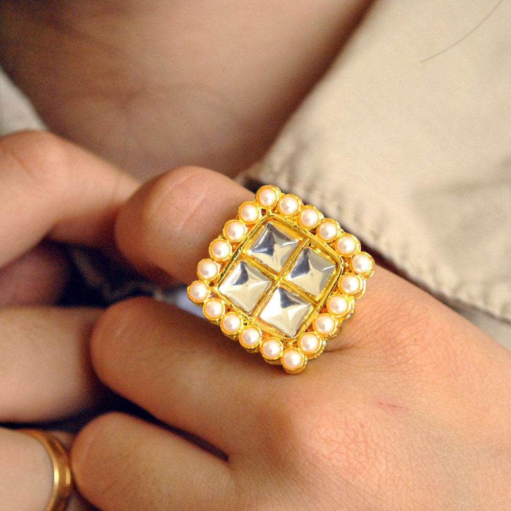 golden glass kundan white pearls adjustable ring