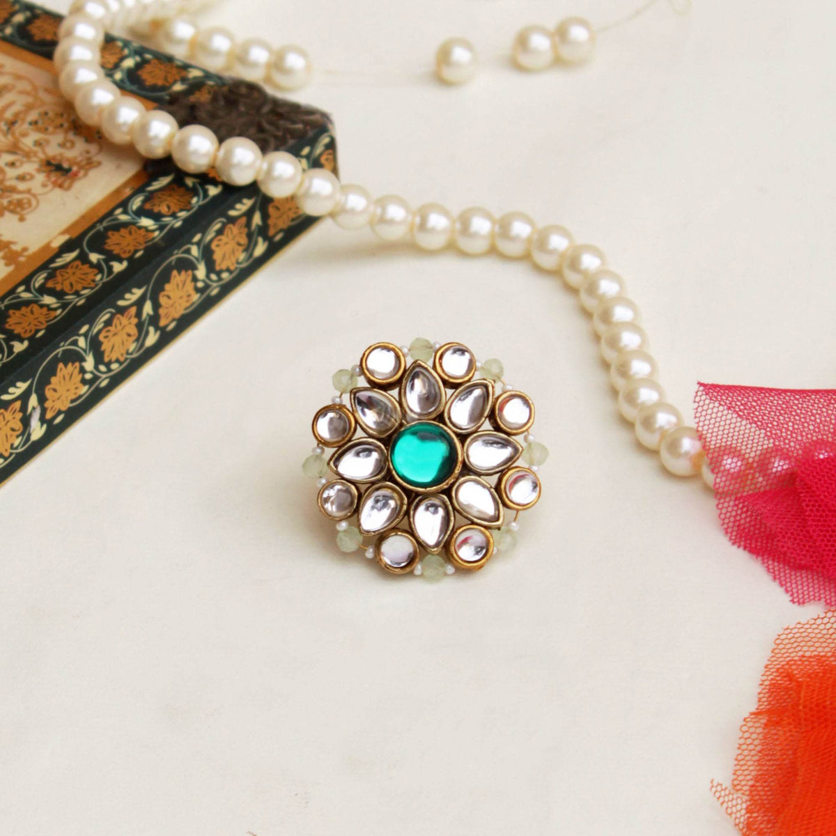 Green Kundan Amore Ring And Earrings Set - BeAbhika.com