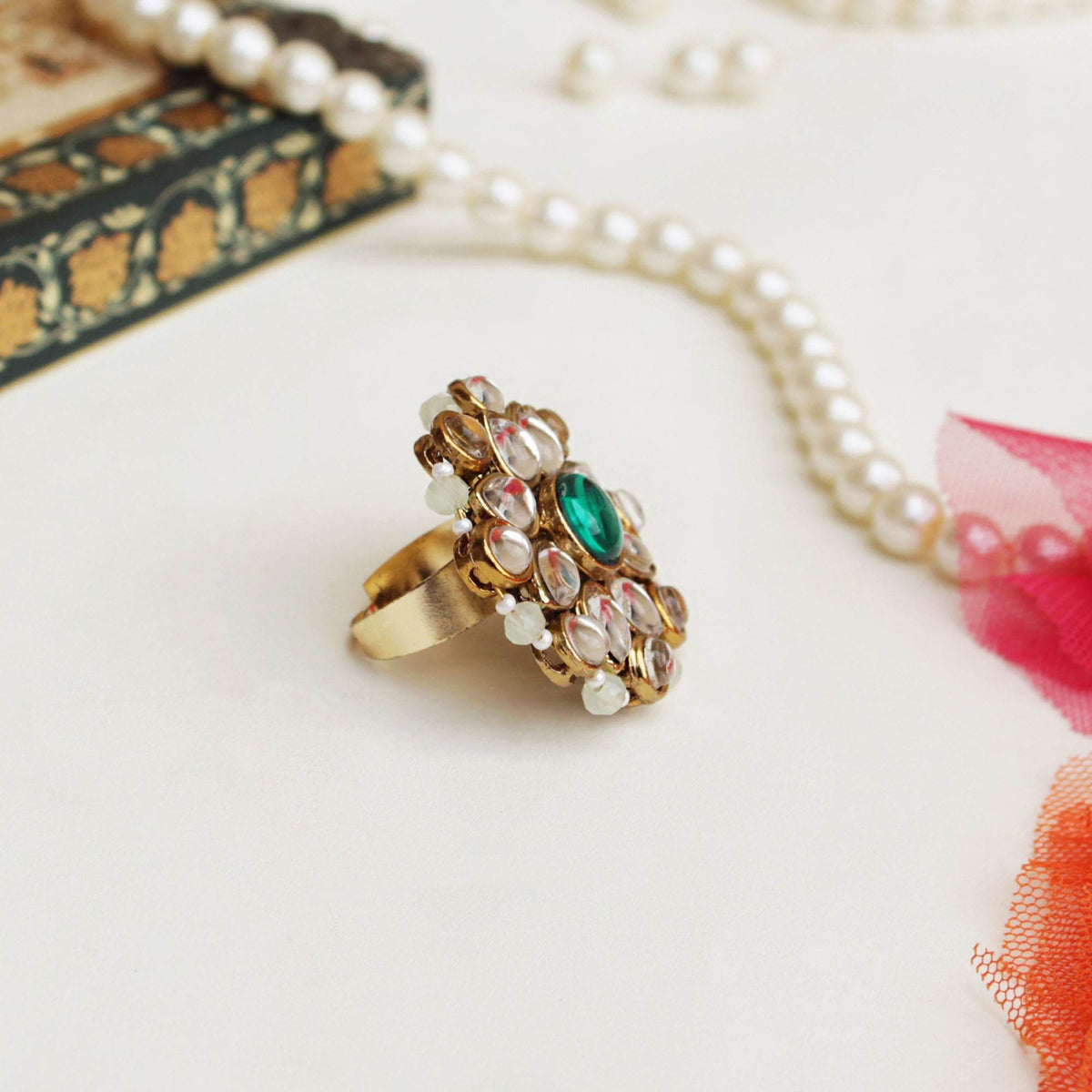 Green Kundan Amore Ring And Earrings Set - BeAbhika.com