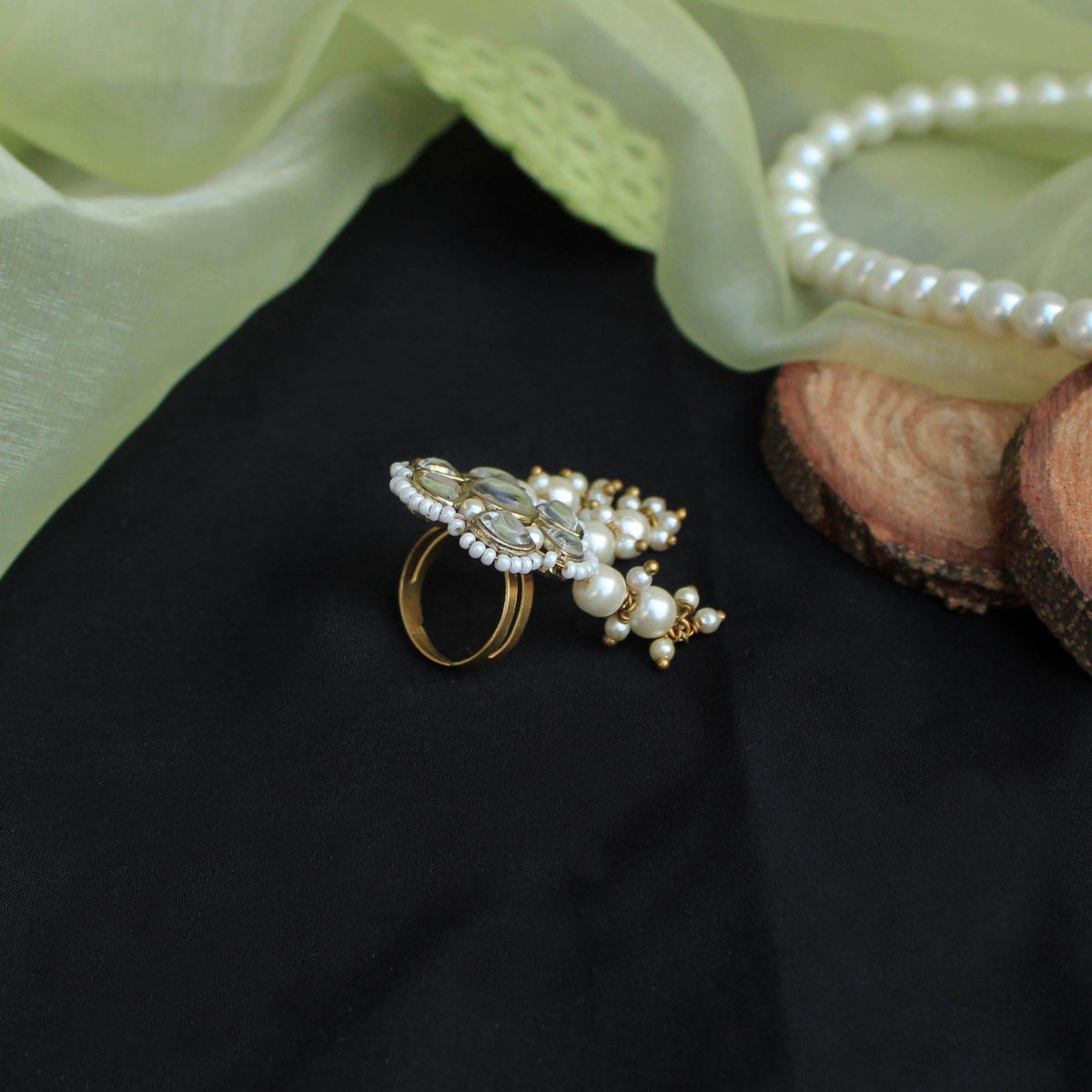 glass kundan faux pearls adjustable ring.