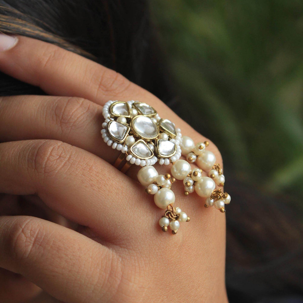glass kundan faux pearls adjustable ring.