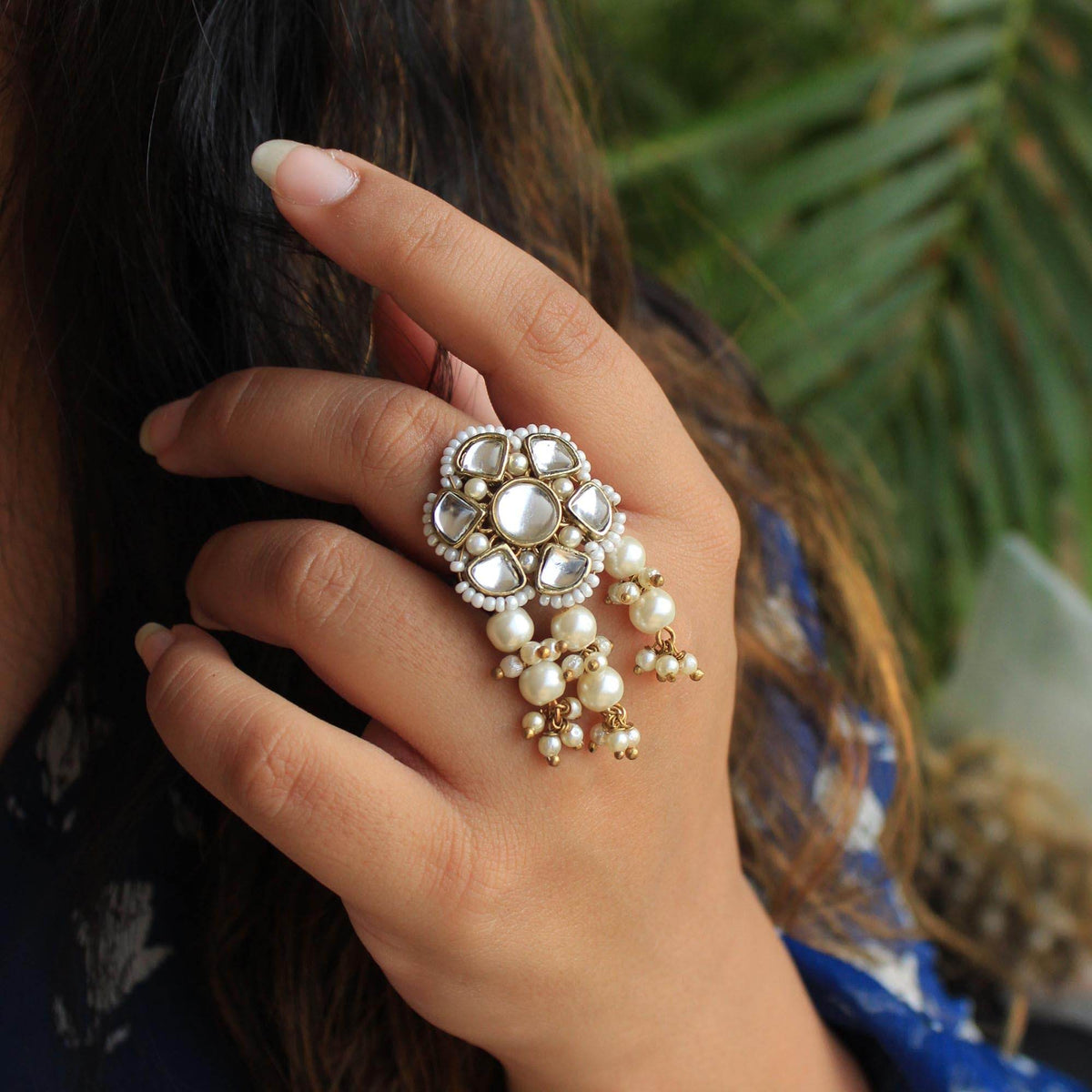 glass kundan faux pearls adjustable ring.