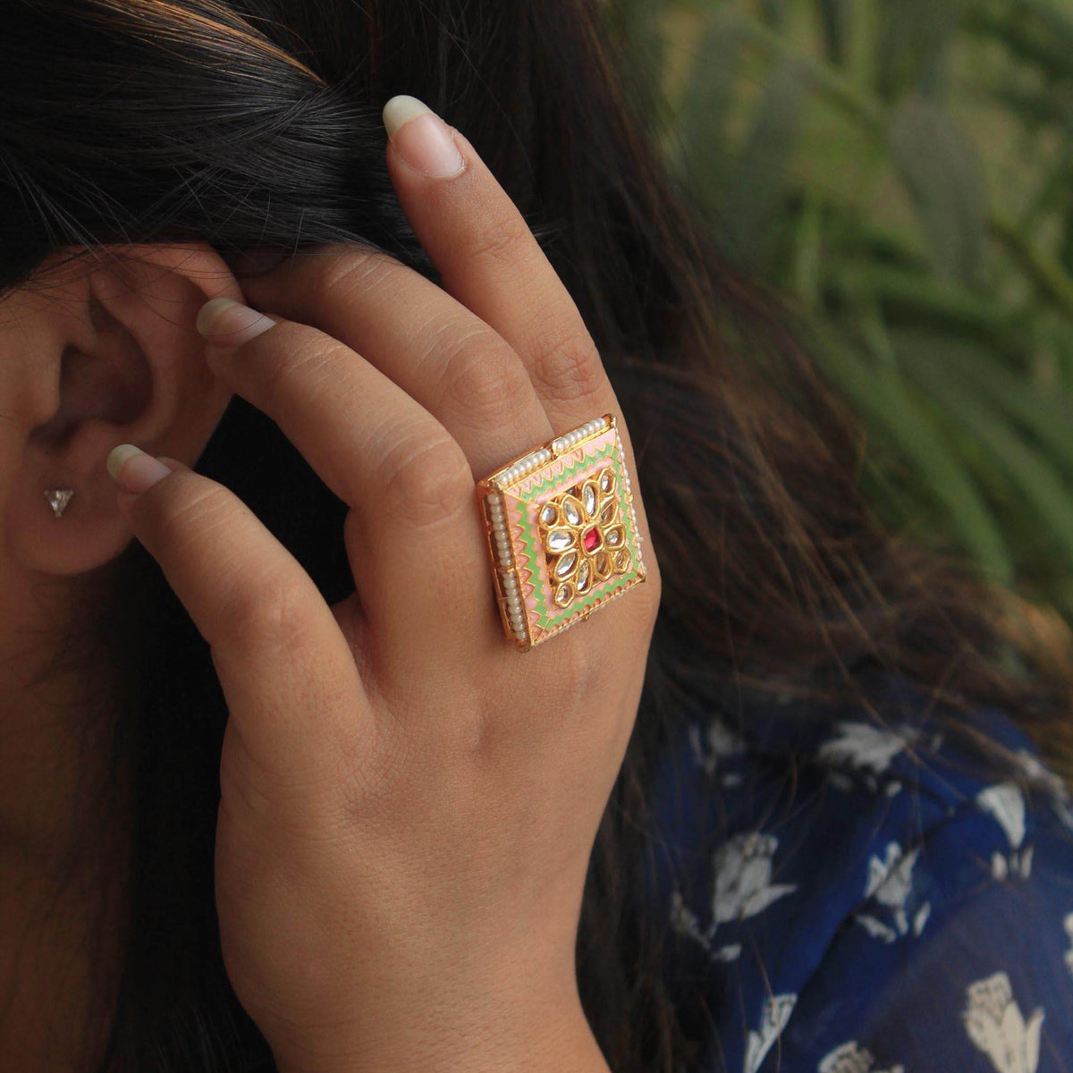 enamel colored kundan adjustable stylish ring