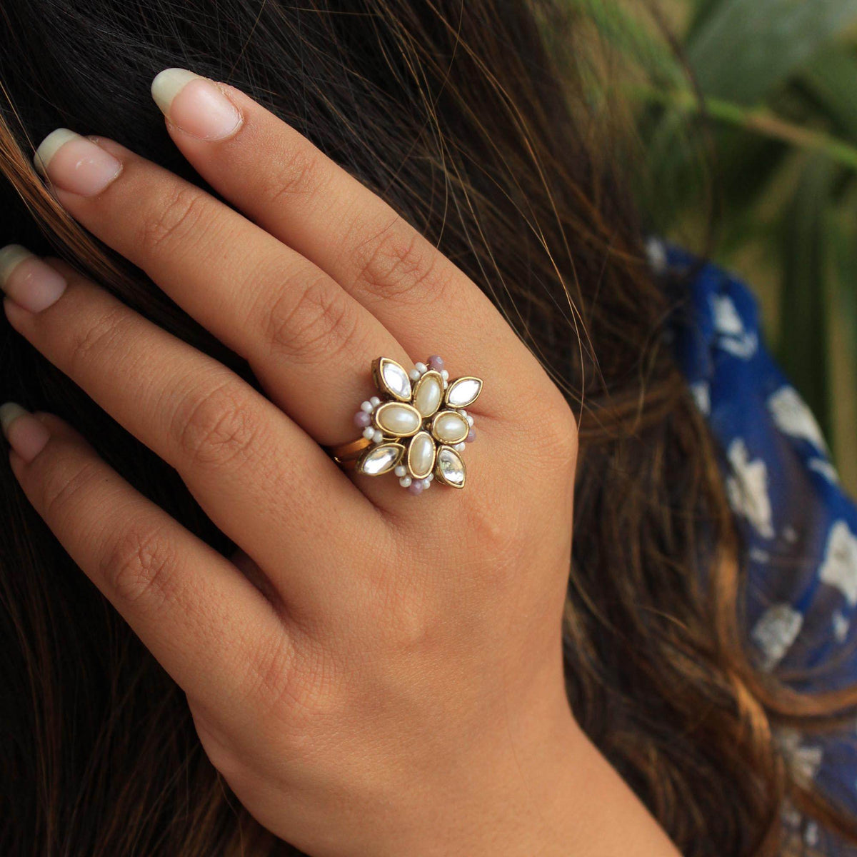 BeAbhika Handmade Artificial Jewelry Available On COD In India Heeramandi Style Jewelry Kundan Adjustable Ring White Pearls Kundan Traditional Statement Cocktail Ring Adjustable For Any Ring Size