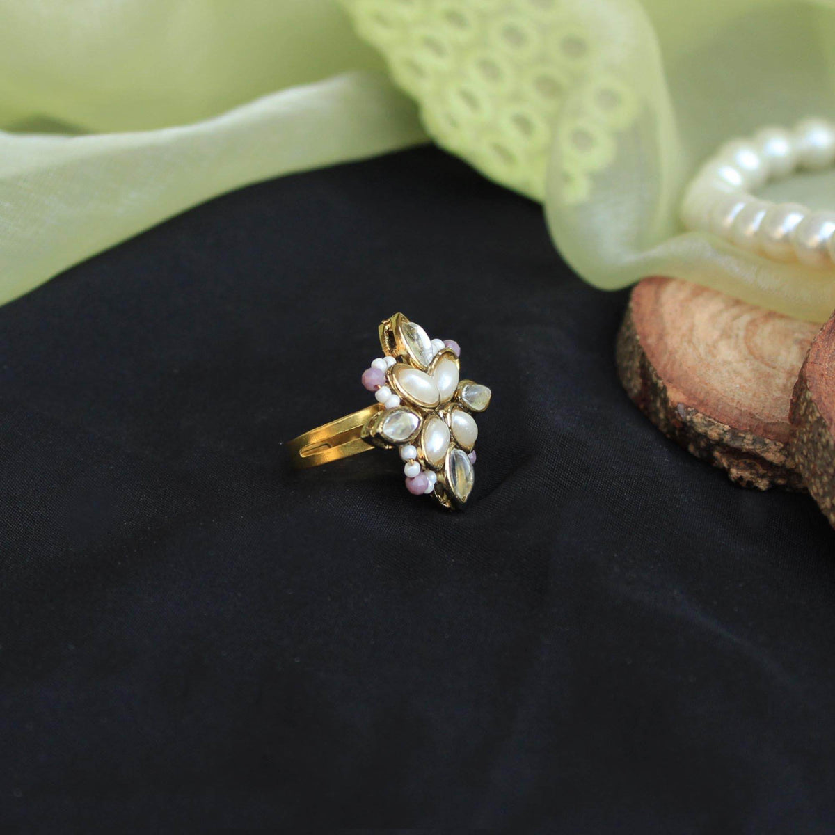 Kundan Blossom Ring & Earring Set - BeAbhika.com