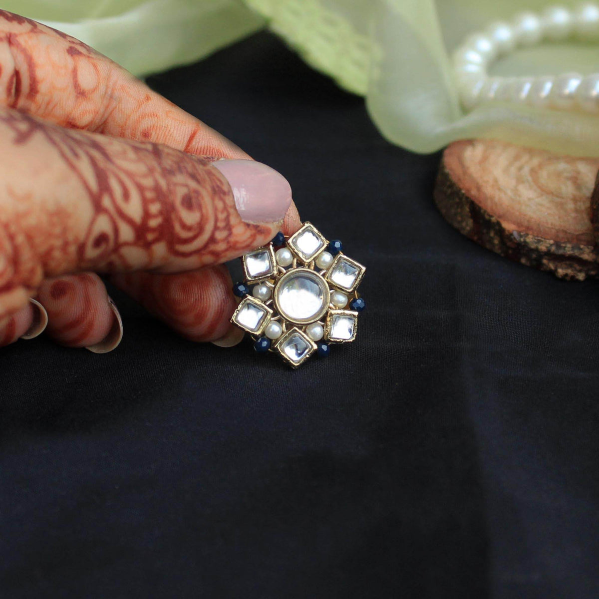 white glass kundan faux pearls adjustable ring