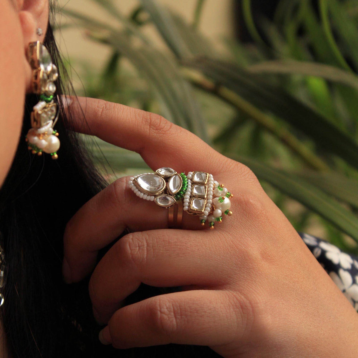 Divine Kundan Necklace, Ring, Maangtikka & Earrings Set - BeAbhika.com