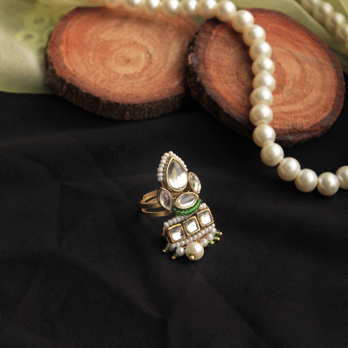 Beabhika Handmade Artificial Jewelry Gold Tone Adjsutable Kundan Ring Green Kundan Rings Daily Wear Part Wear Traditional Kundan Jewelry Statement Small Fashion Ring Cocktail Ring Set White Kundan Ring Available On COD In India Delhi Traditional Heeramandi Style Jewelry
