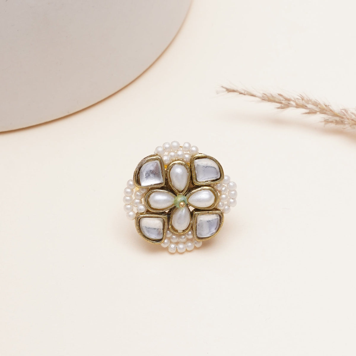Kundan & Pearl Bloom Adjustbale Ring
