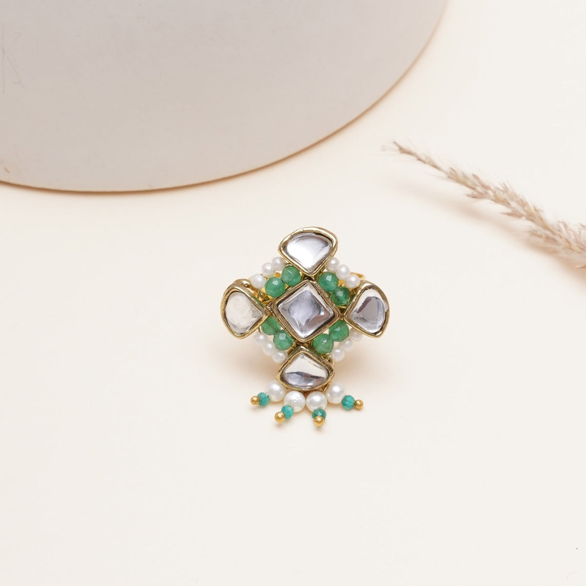 Emerald Green Kundan Pearl Ring