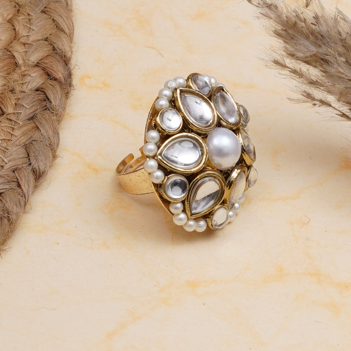 Pearl Kundan Floral Statement Ring