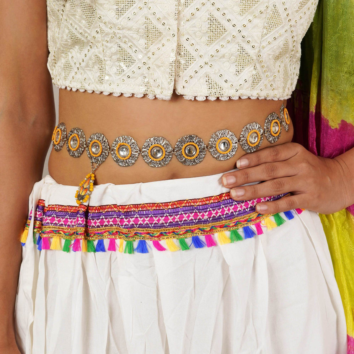 Oxidized Orange Tone Waist Belt with Floral Motifs - BeAbhika.com