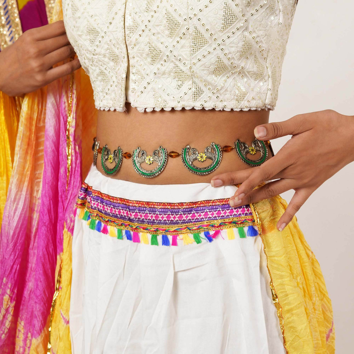Oxidized Silver Elephant Waistbelt with Floral Beads - BeAbhika.com