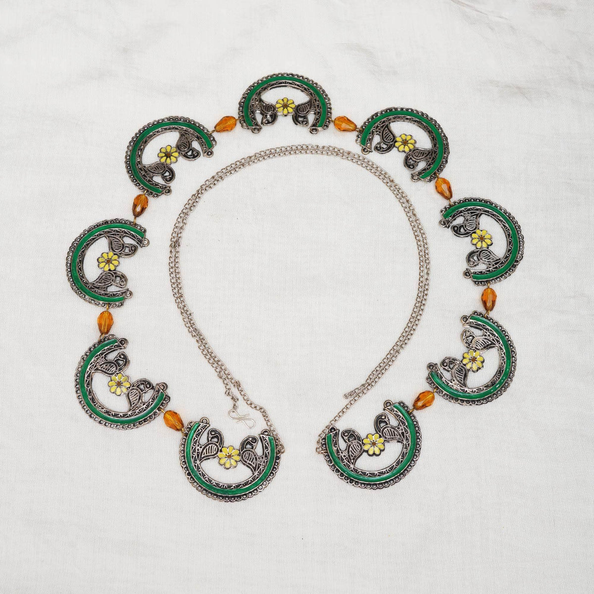 Oxidized Silver Elephant Waistbelt with Floral Beads - BeAbhika.com
