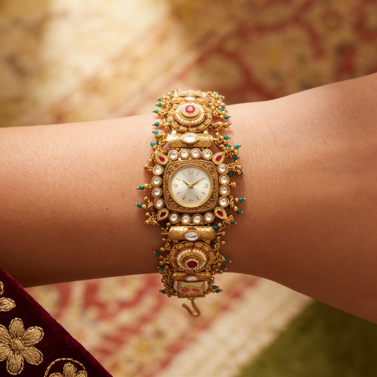 Antique Gold White Dial Cushion Ruby Floret Pearl Kundan Bracelet Watch for Women & Girls | Stylish Watch | Wrist Watches for Girls | Ideal for gifting | Gift for Diwali, Christmas, Marriage, Birthday, anniversary, wedding