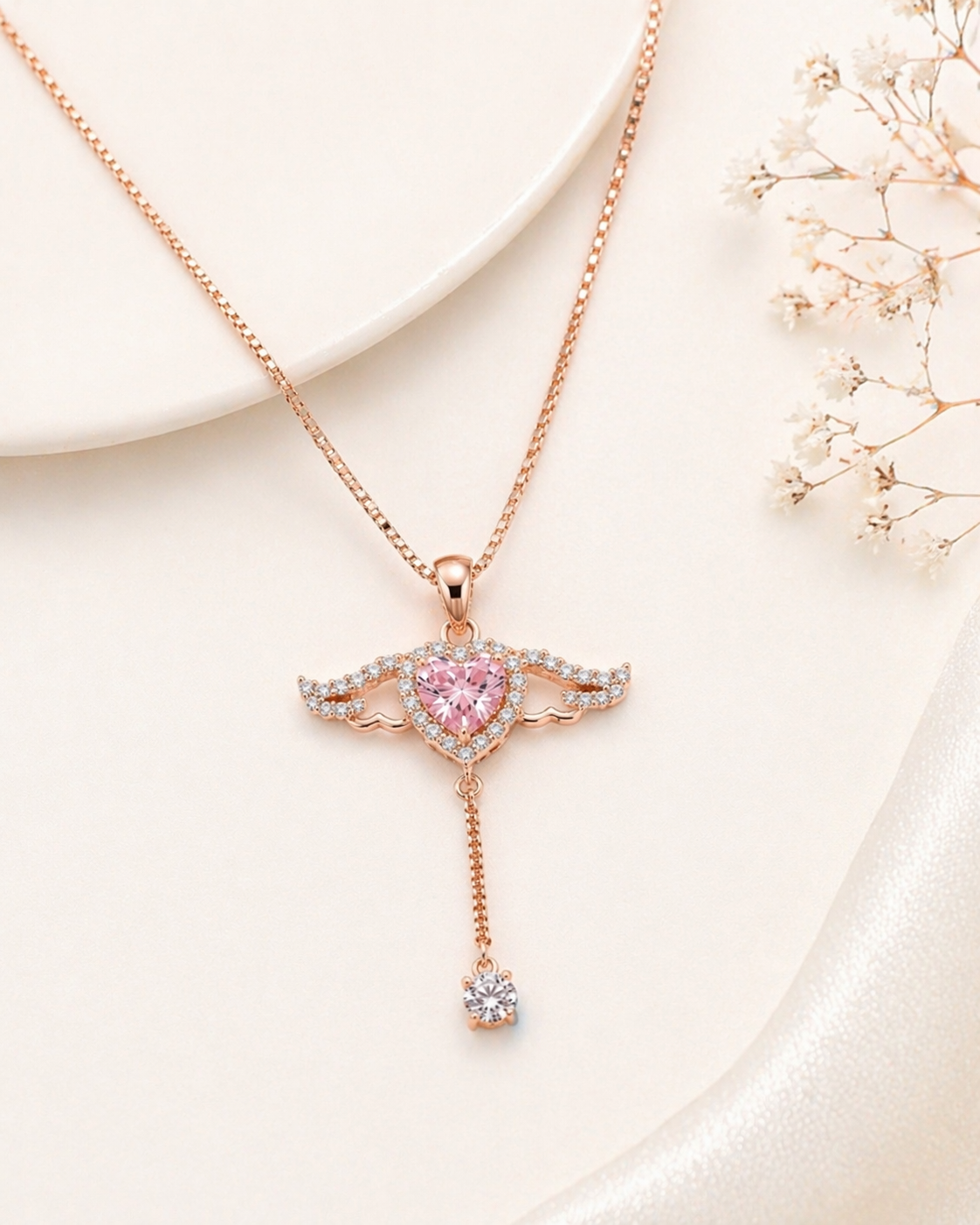 925 Sterling Silver Rose Gold Plated Angel Wings Pink Heart Pendant with Dangle Drop & Box Chain