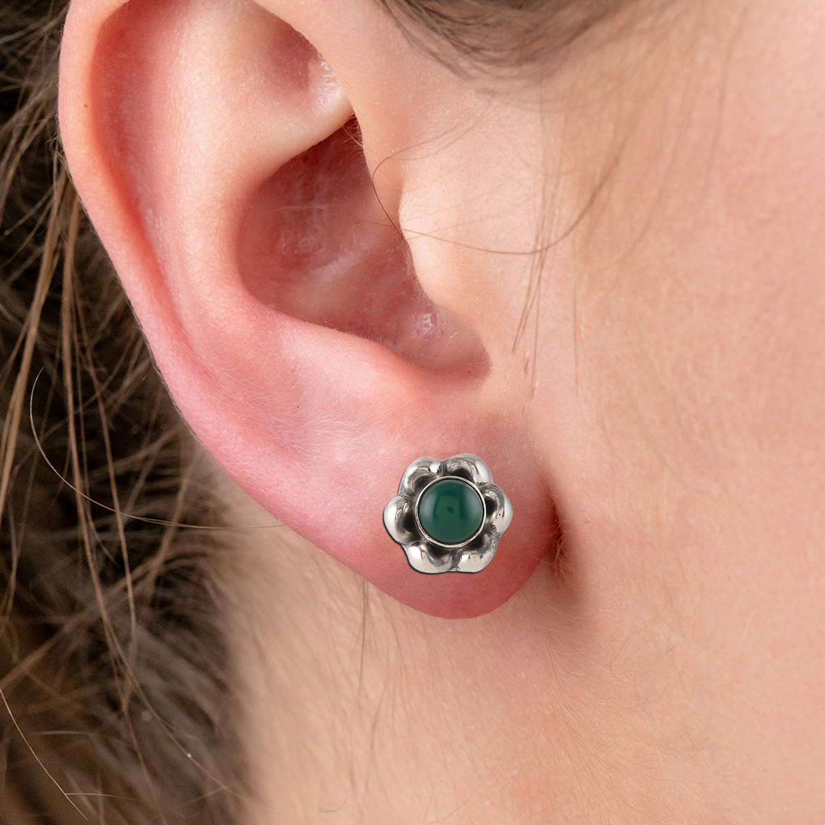 925 Sterling Silver Green Onyx Eartops for Women | Natural Green Gemstone Stud Earrings | Minimalist Silver Jewelry
